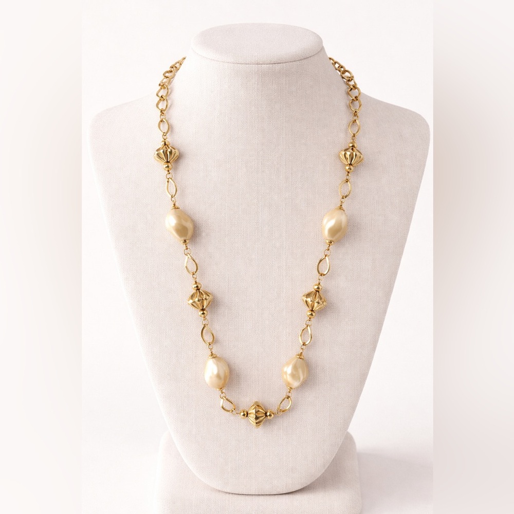 Vintage Revival Necklace Ornate Faux Baroque Pearls Golden Chain